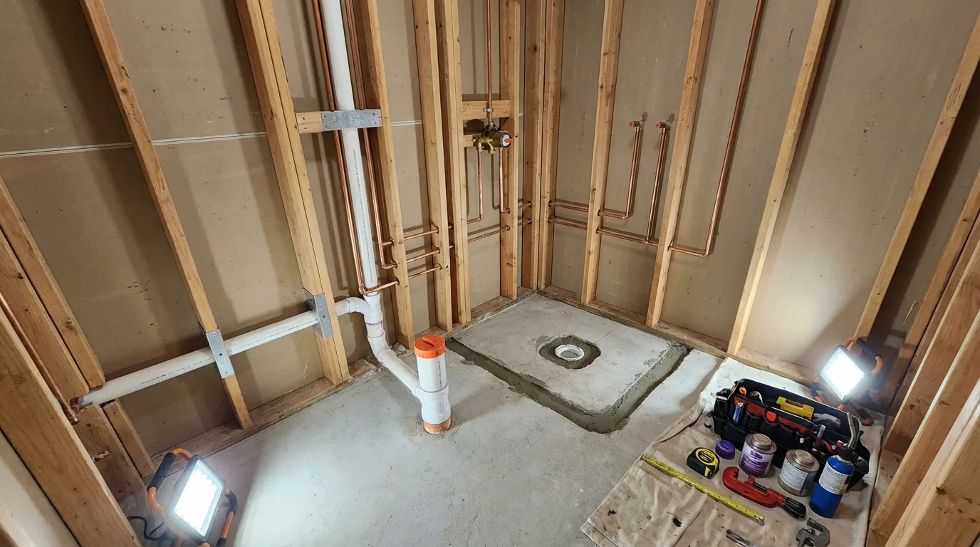 Bathroom rough-in plumbing during remodel by Johns Plumbing LLC in Loma Linda