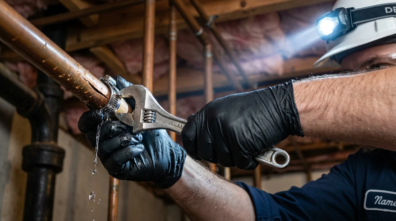 Emergency pipe clamp repair being performed by a Johns Plumbing LLC plumber in Loma Linda
