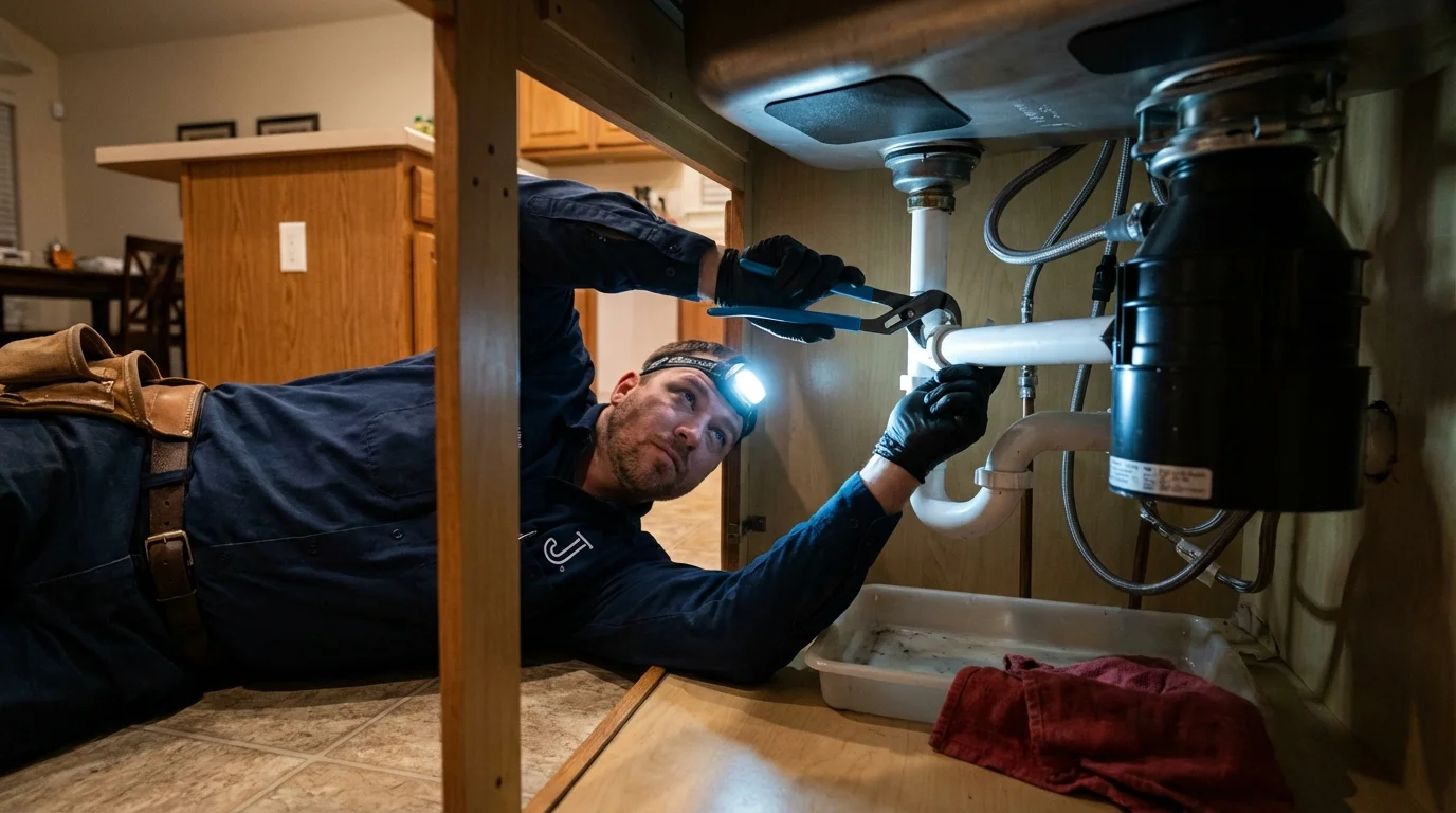 P-trap and supply line connections under a kitchen sink showing a common leak point in Loma Linda, CA